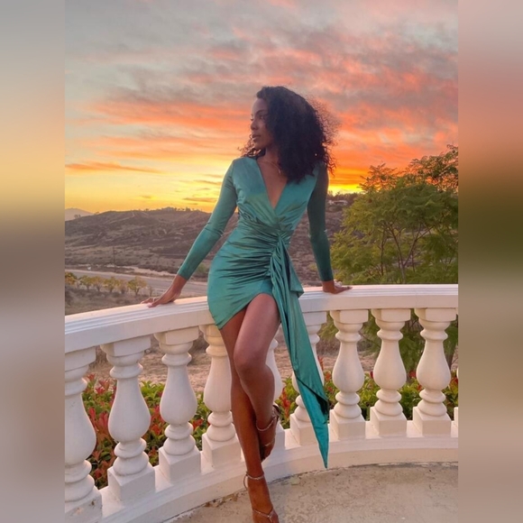 LOVE&LEMONADE Plunging Neck Ruched Draped Satin Bodycon Dress - Picture 7 of 17